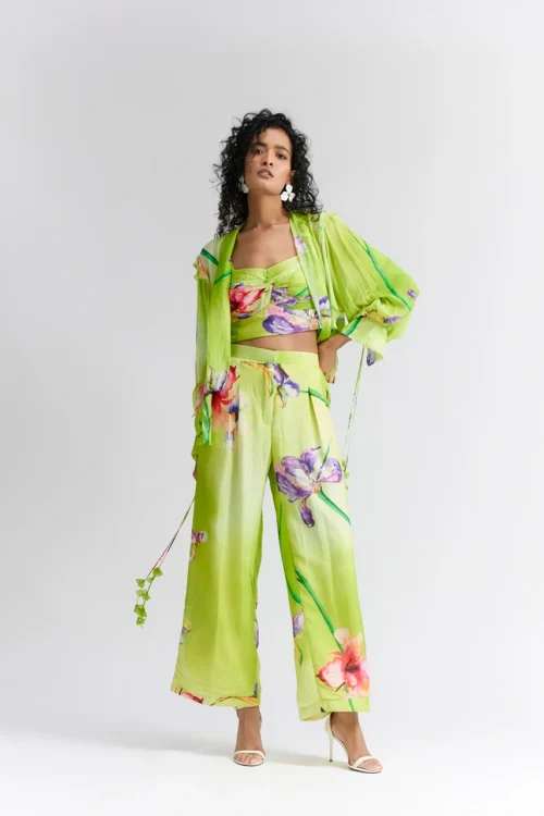 LIME GREEN FLORAL 3 PIECE COORD SET