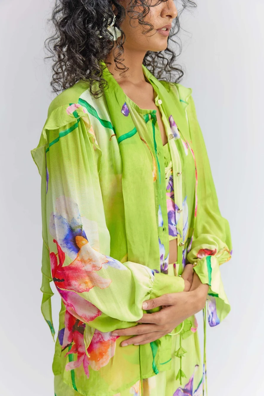 Lime green loose fit printed Silk Shirt