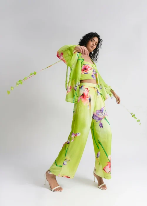Green floral printed pants