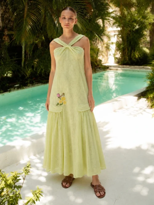 MINT GREEN FLORAL JACQUARD HALTENECK DRESS WITH APPLIQUE PATCH
