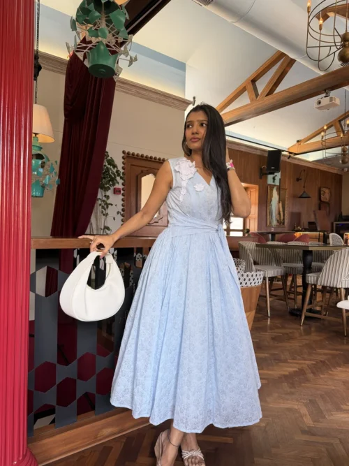 Blue pleadted Midi dress with 3D flower