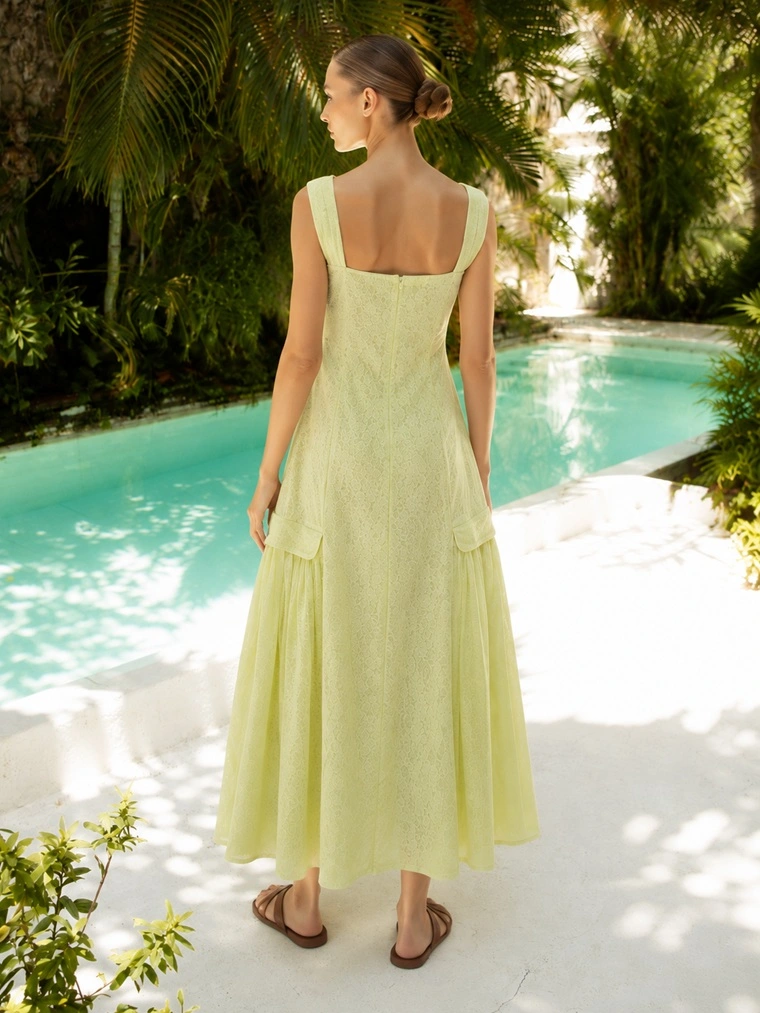 MINT GREEN FLORAL JACQUARD HALTENECK DRESS WITH APPLIQUE PATCH - Image 2