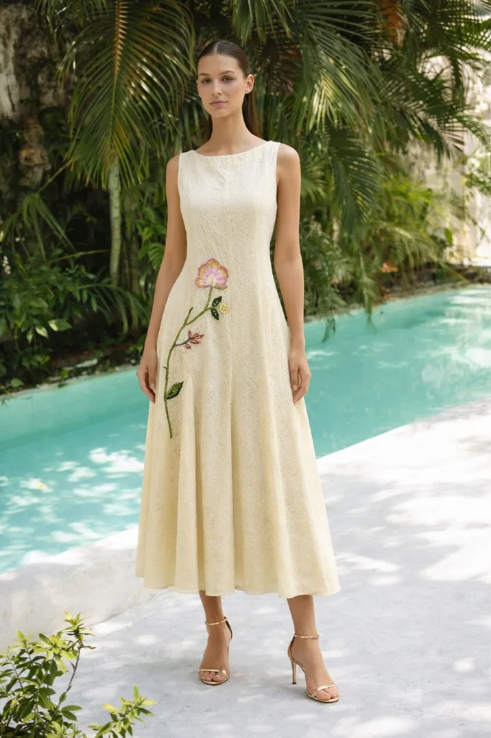 Cream Floral jacquard Pannel Dress with floral applique - Image 2