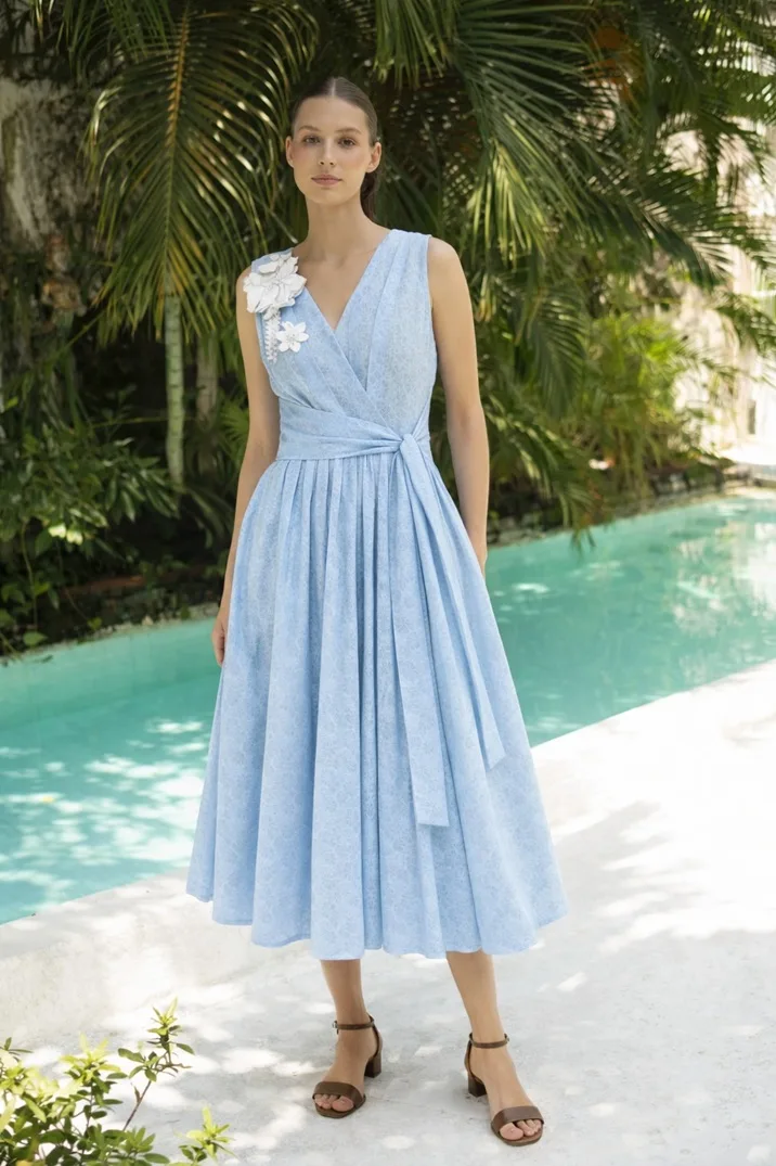 Blue pleadted Midi dress with 3D flower - Image 5