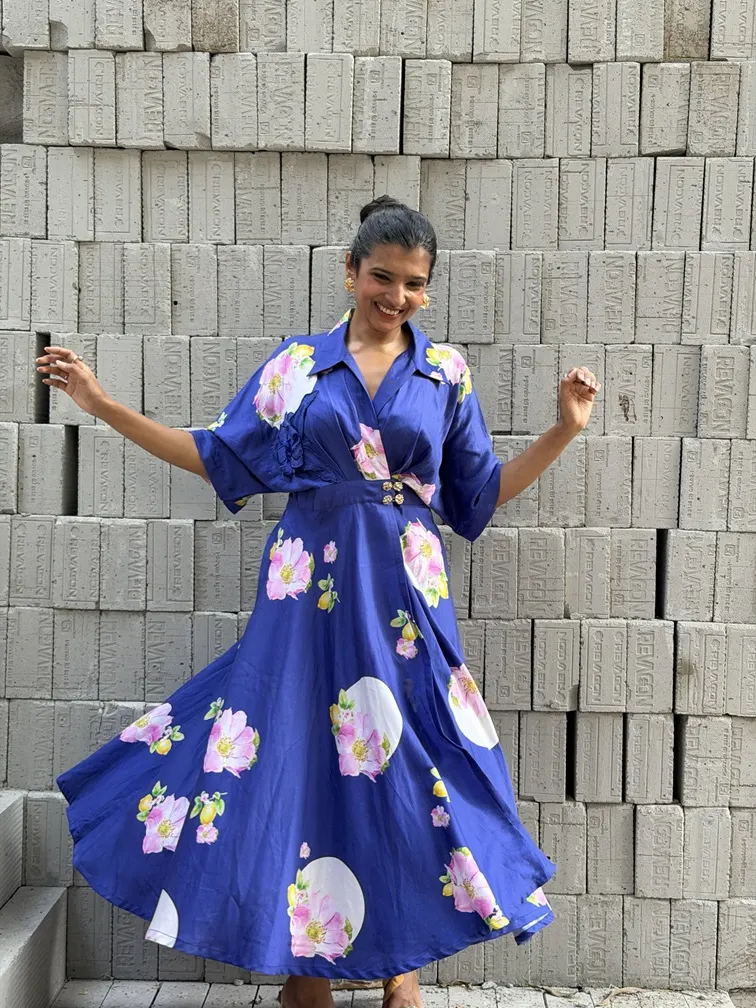 Electric Blue floral printed wraparound Midi dress - Image 2